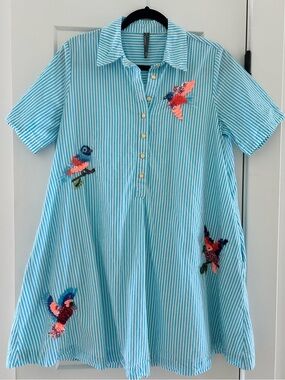 Anthropologie Pollie swing dress w/ blue stripes sequin beaded birds small